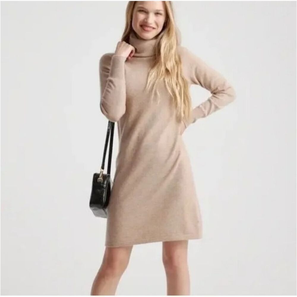 NWT Quince 100% Cashmere Turtleneck Sweater Dress Cashew Cream Beige Size L